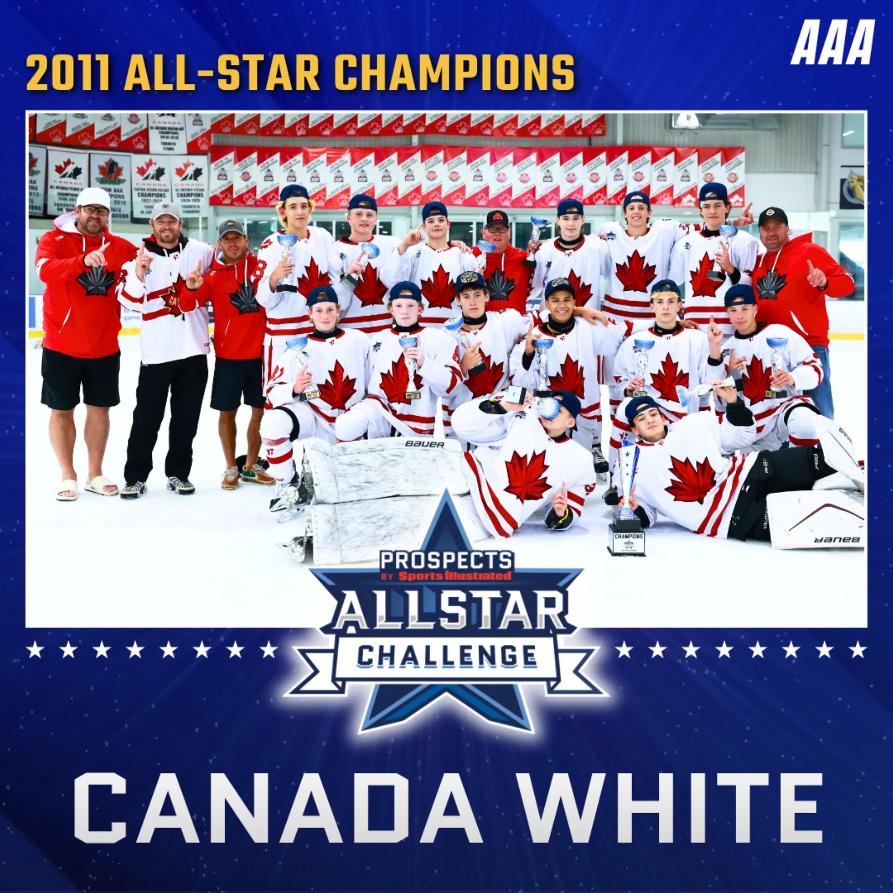 The 2011 birth-year champions, Canada White, on the ice with their trophies at the 2026 PSI All-Star Challenge.