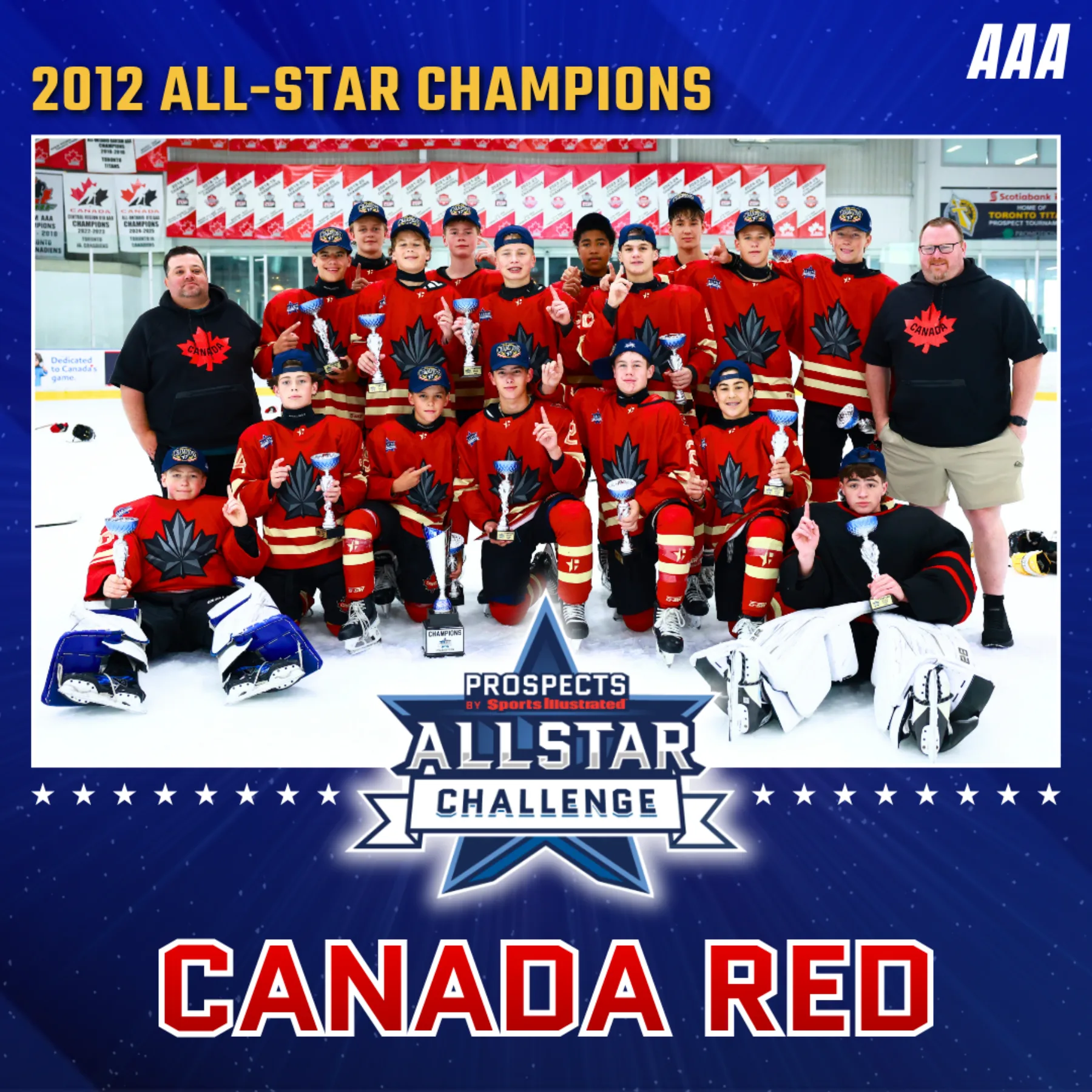 The 2012 birth-year champions, Canada Red, on the ice with their trophies at the 2026 PSI All-Star Challenge.