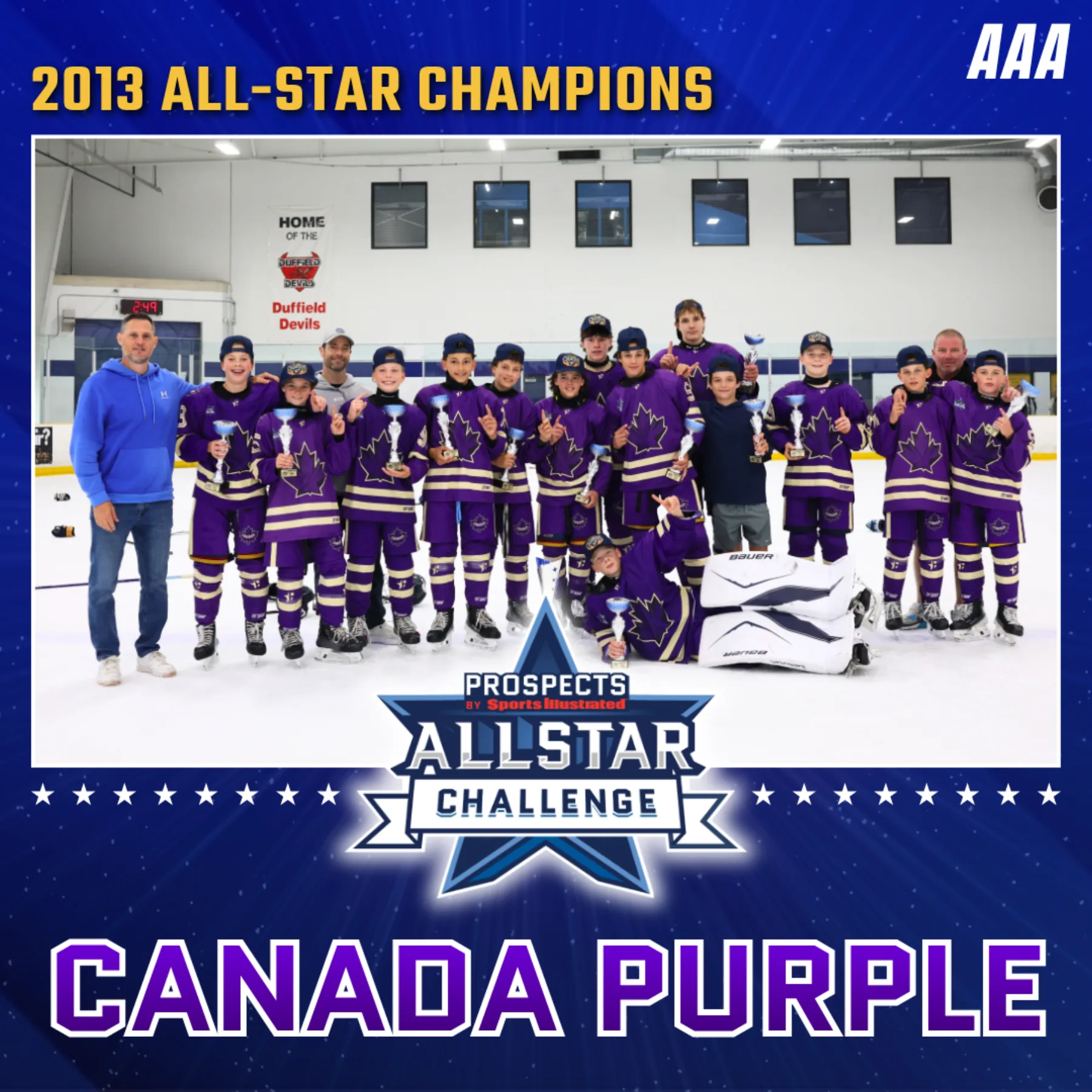 The 2013 birth-year champions, Canada Purple, on the ice with their trophies at the 2026 PSI All-Star Challenge.