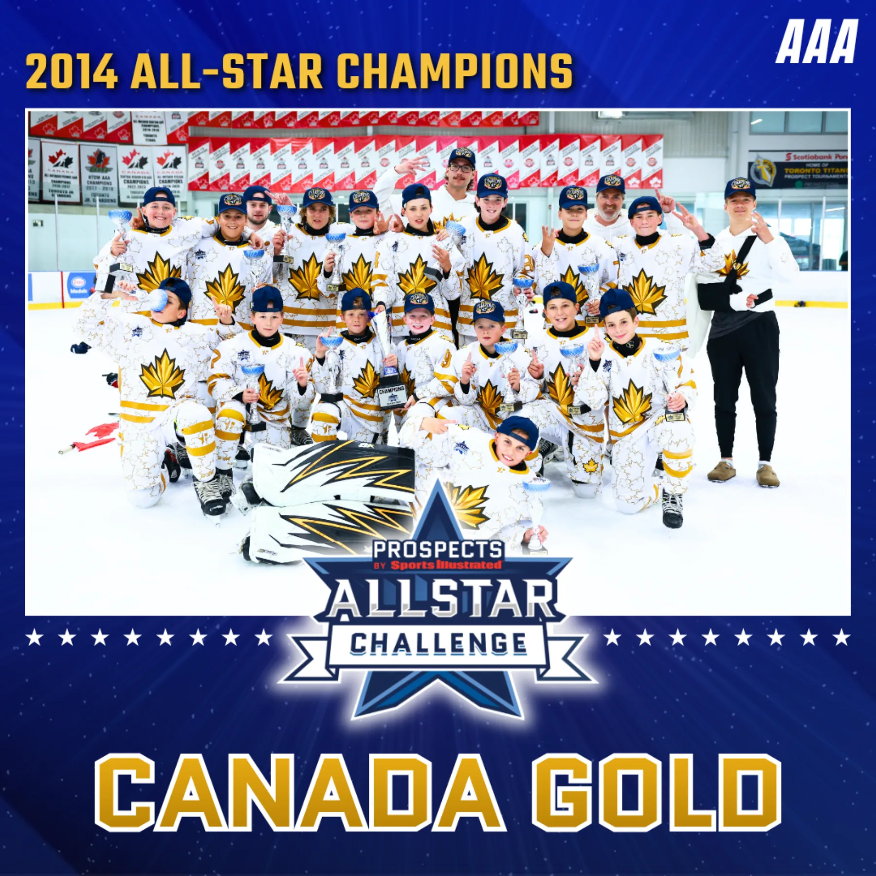 The 2014 birth-year champions, Canada Gold, on the ice with their trophies at the 2026 PSI All-Star Challenge.