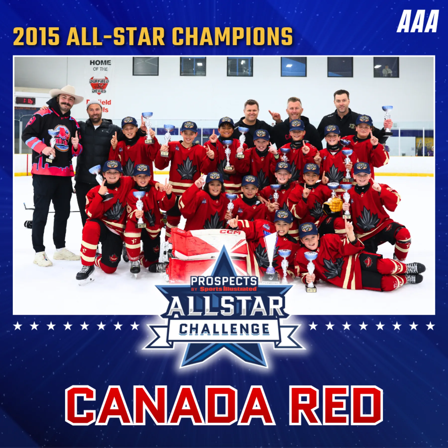 The 2015 birth-year champions, Canada Red, on the ice with their trophies at the 2026 PSI All-Star Challenge.