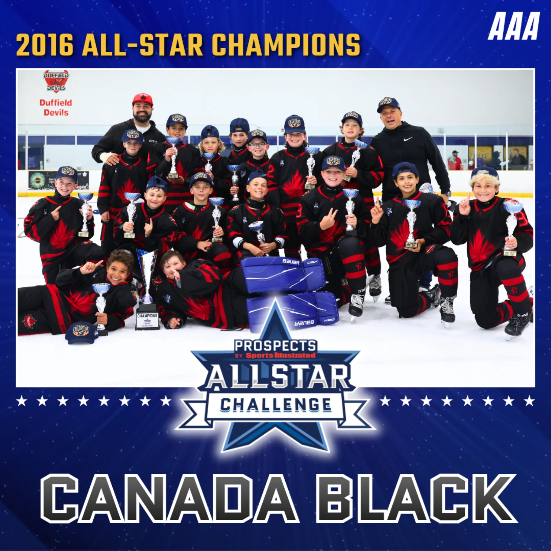 The 2016 birth-year champions, Canada Black, on the ice with their trophies at the 2026 PSI All-Star Challenge.